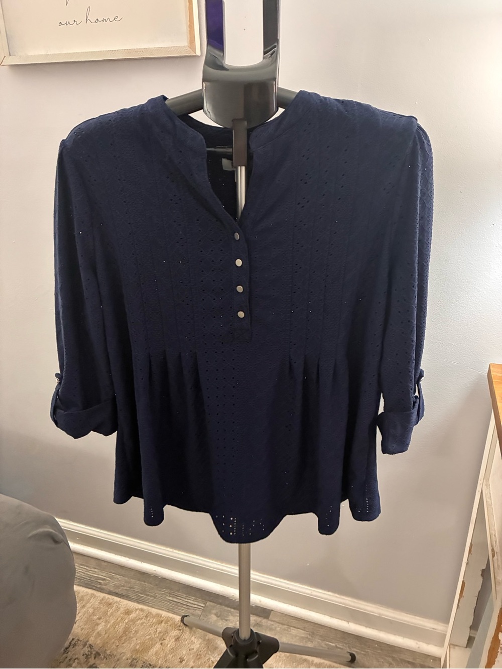 Kim Rogers Navy Eyelet Peasant Button-Front Tunic